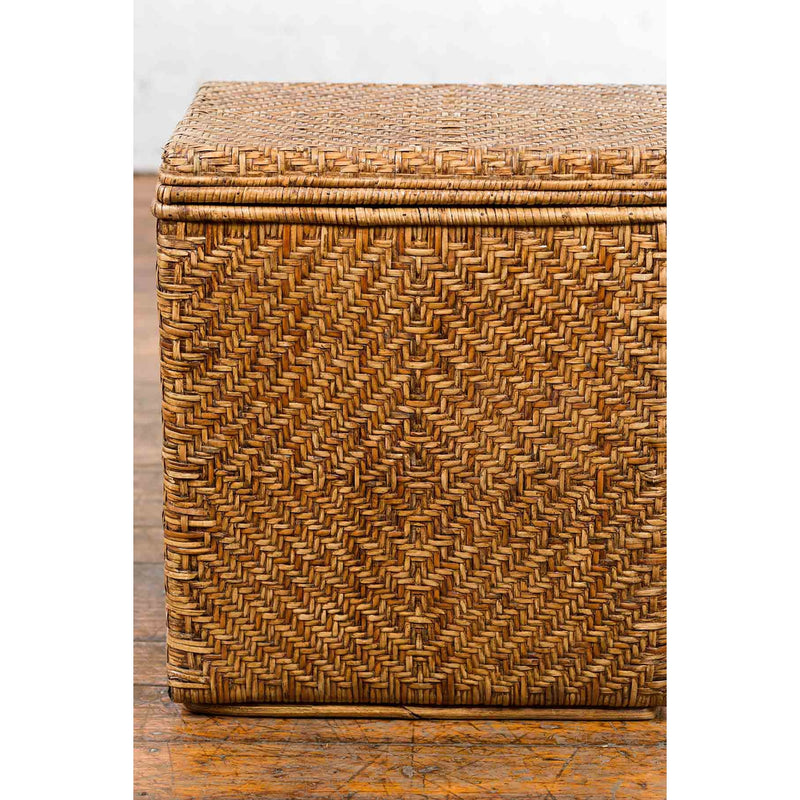 Vintage Burmese Hand-Woven Rattan over Wood Basket Hamper with Pierced Handles-YN7373-9. Asian & Chinese Furniture, Art, Antiques, Vintage Home Décor for sale at FEA Home