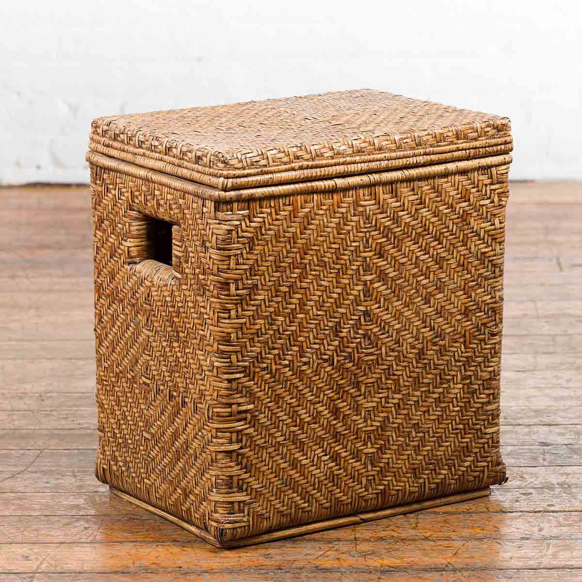 Vintage Burmese Hand-Woven Rattan over Wood Basket Hamper with Pierced Handles-2. Asian & Chinese Furniture, Art, Antiques, Vintage Home Décor for sale at FEA Home