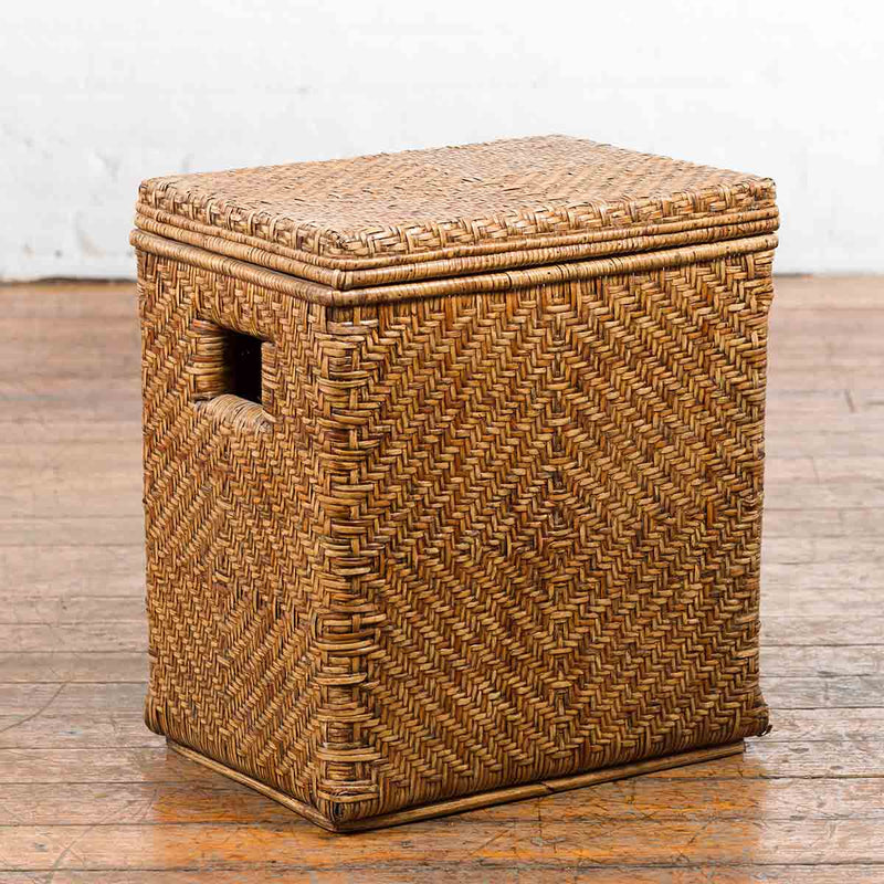 Vintage Burmese Hand-Woven Rattan over Wood Basket Hamper with Pierced Handles-YN7373-2. Asian & Chinese Furniture, Art, Antiques, Vintage Home Décor for sale at FEA Home