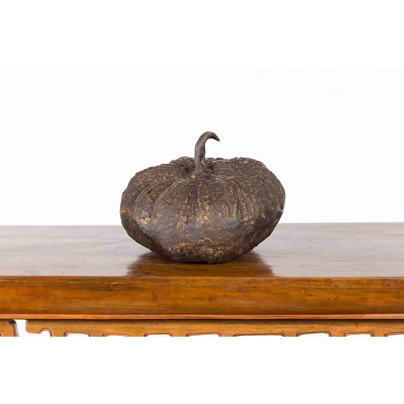 Contemporary Lost Wax Bronze Pumpkin Sculpture with Rustic Patina