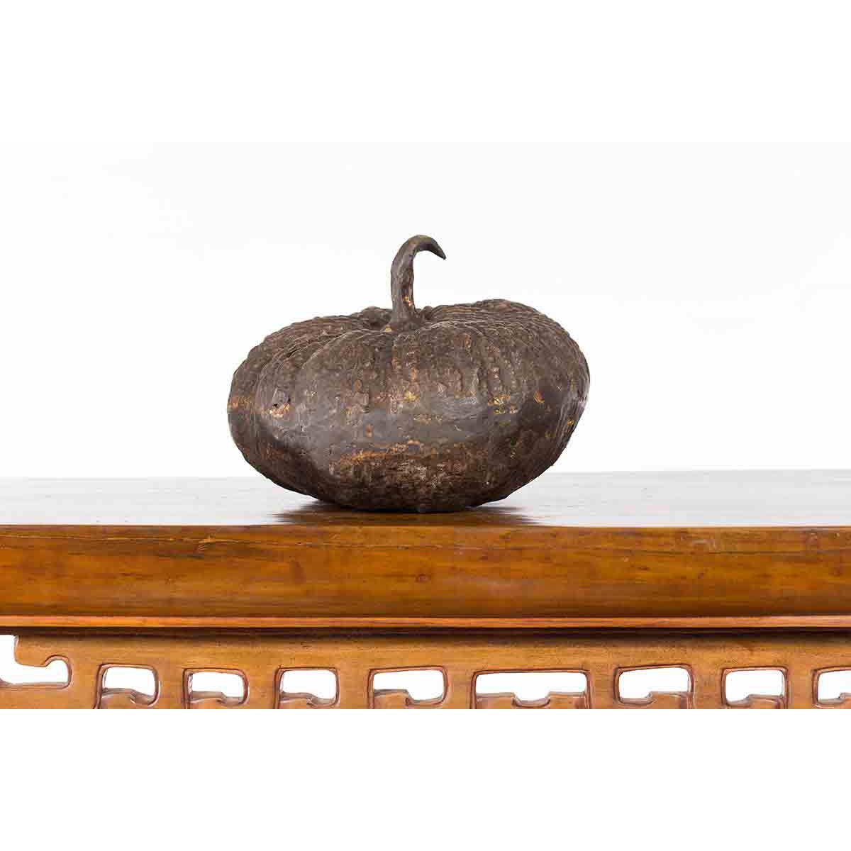 Contemporary Lost Wax Bronze Pumpkin Sculpture with Rustic Patina-4. Asian &amp; Chinese Furniture, Art, Antiques, Vintage Home Décor for sale at FEA Home
