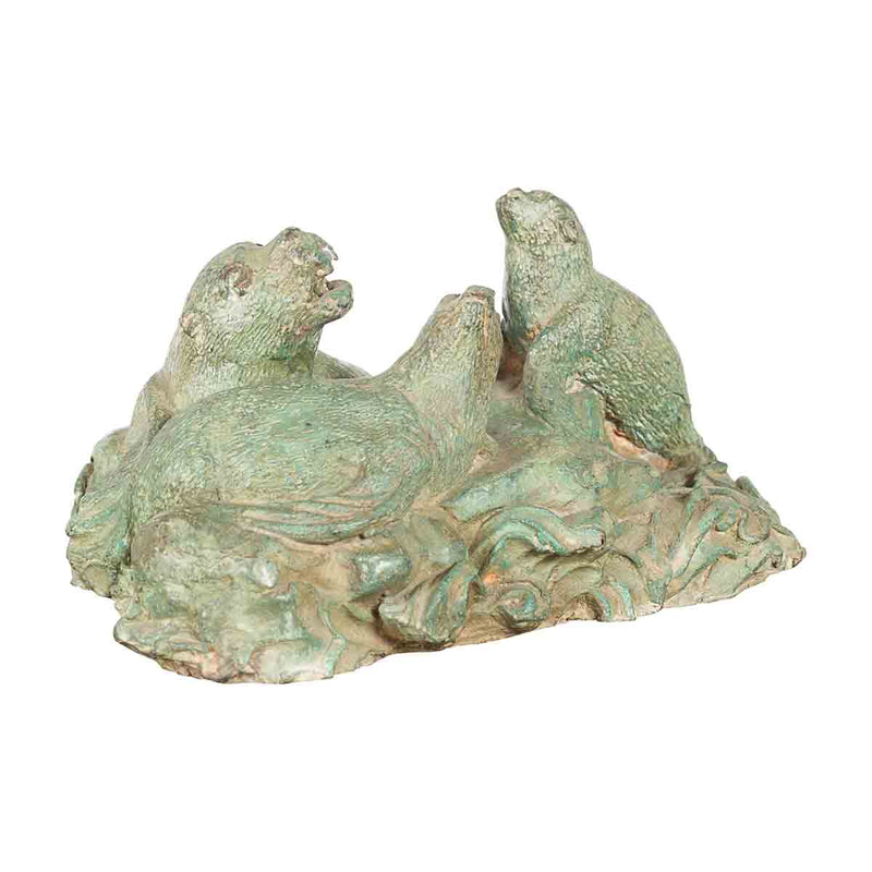 Contemporary Lost Wax Cast Bronze Sea Lion Sculpted Group with Verde Patina- Asian Antiques, Vintage Home Decor & Chinese Furniture - FEA Home
