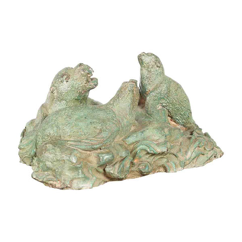 Contemporary Lost Wax Cast Bronze Sea Lion Sculpted Group with Verde Patina
