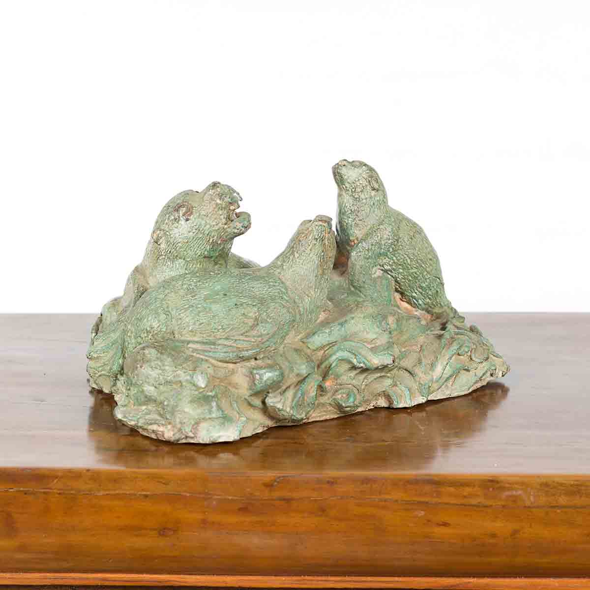 Contemporary Lost Wax Cast Bronze Sea Lion Sculpted Group with Verde Patina-2. Asian & Chinese Furniture, Art, Antiques, Vintage Home Décor for sale at FEA Home