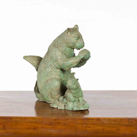 Vintage Lost Wax Cast Bronze Squirrel Family Sculpture with Verde Patina