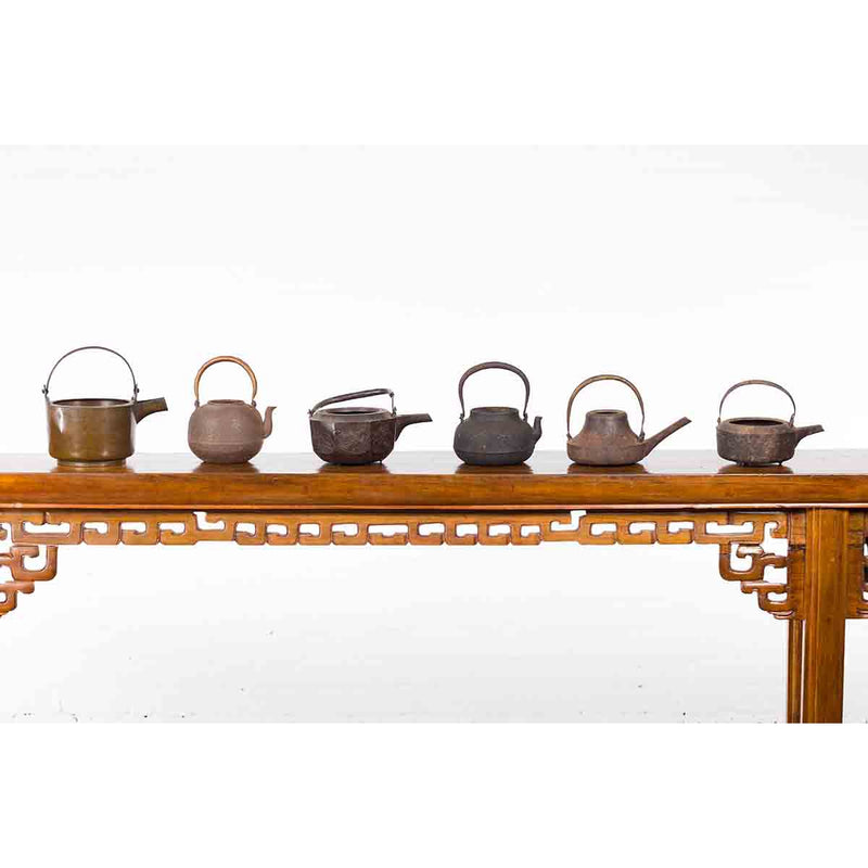 Japanese Meiji Period Late 19th Century Bronze Teapots with Weathered Patina-YN7381 A/B/C/D/E/F-2. Asian & Chinese Furniture, Art, Antiques, Vintage Home Décor for sale at FEA Home