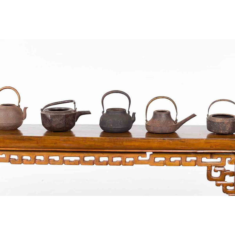 Japanese Meiji Period Late 19th Century Bronze Teapots with Weathered Patina