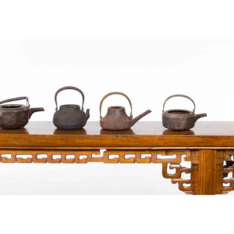 Japanese Meiji Period Late 19th Century Bronze Teapots with Weathered Patina