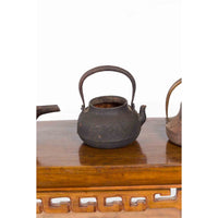 Japanese Meiji Period Late 19th Century Bronze Teapots with Weathered Patina