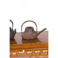 Japanese Meiji Period Late 19th Century Bronze Teapots with Weathered Patina