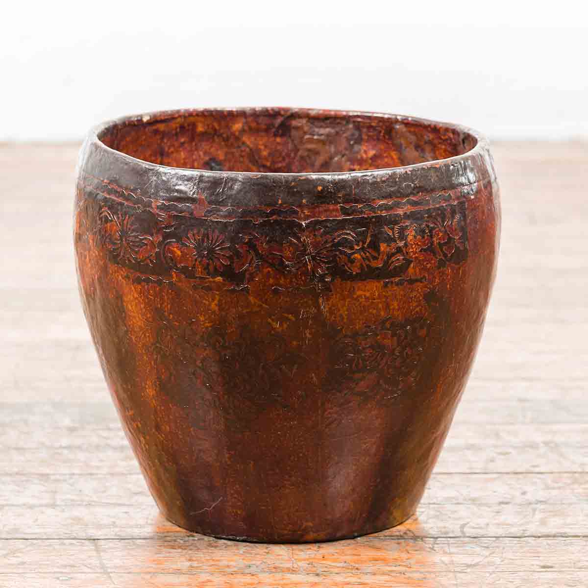 Thai Vintage Brown and Black Papier Mâché Basket with Floral Friezes-2. Asian & Chinese Furniture, Art, Antiques, Vintage Home Décor for sale at FEA Home