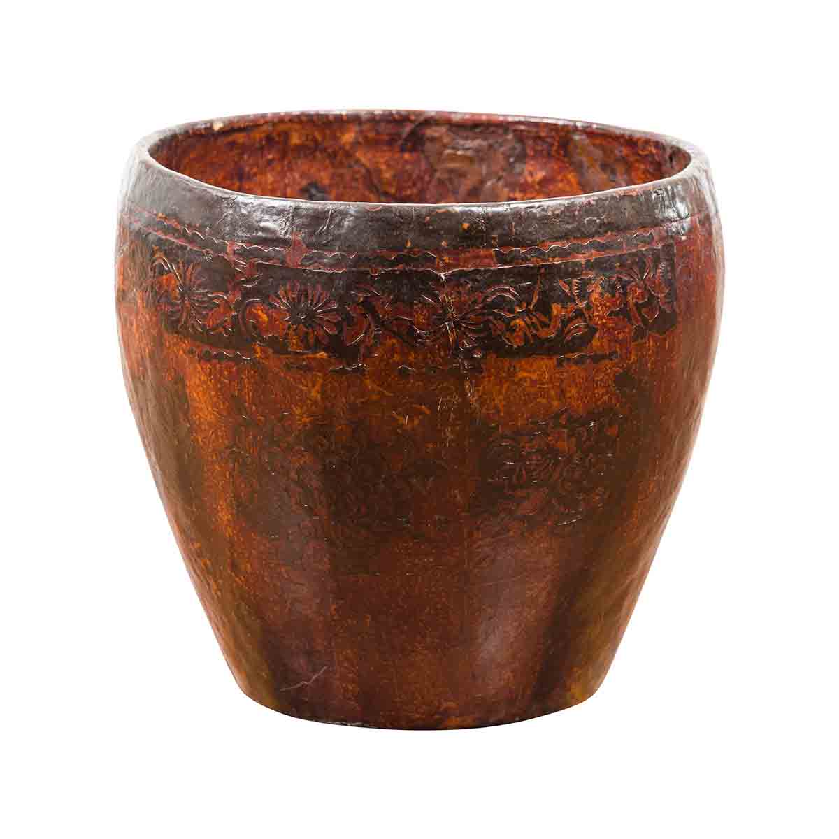 Thai Vintage Brown and Black Papier Mâché Basket with Floral Friezes-1. Asian & Chinese Furniture, Art, Antiques, Vintage Home Décor for sale at FEA Home