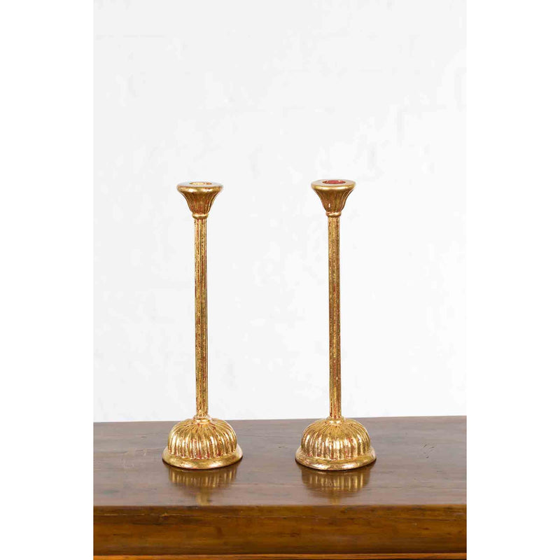 Pair of Japanese Hinamatsuri Gold Lacquered Candleholders with Lotus Bobèches-YN7385-11. Asian & Chinese Furniture, Art, Antiques, Vintage Home Décor for sale at FEA Home