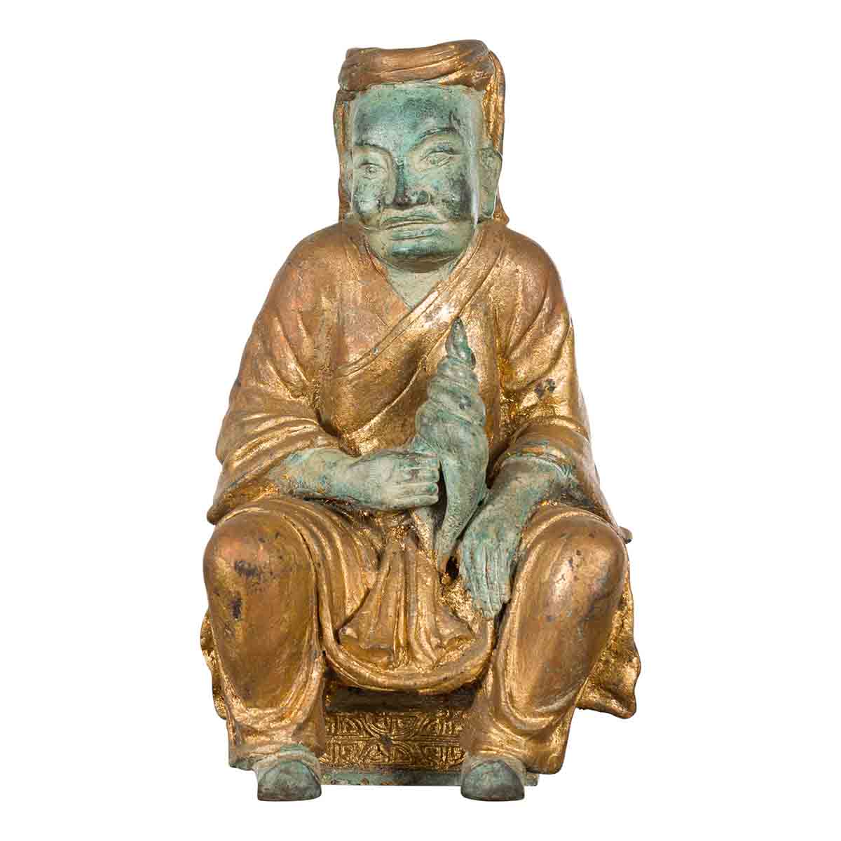 Petite Thai Verde and Gilded Statuette of a Seated Monk Holding a Conch Shell-1. Asian & Chinese Furniture, Art, Antiques, Vintage Home Décor for sale at FEA Home