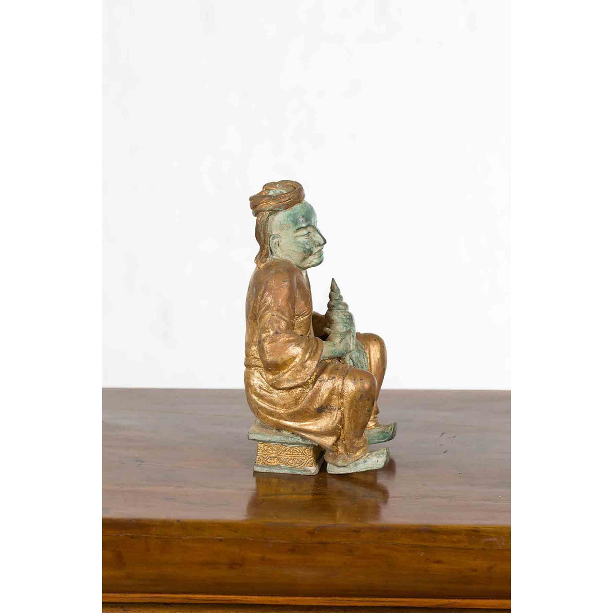 Petite Thai Verde and Gilded Statuette of a Seated Monk Holding a Conch Shell-8. Asian &amp; Chinese Furniture, Art, Antiques, Vintage Home Décor for sale at FEA Home