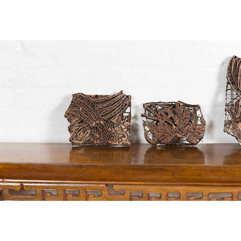 Set of Five Vintage Indonesian Copper Batik Textile Floral Printing Blocks-YN7407-4. Asian & Chinese Furniture, Art, Antiques, Vintage Home Décor for sale at FEA Home