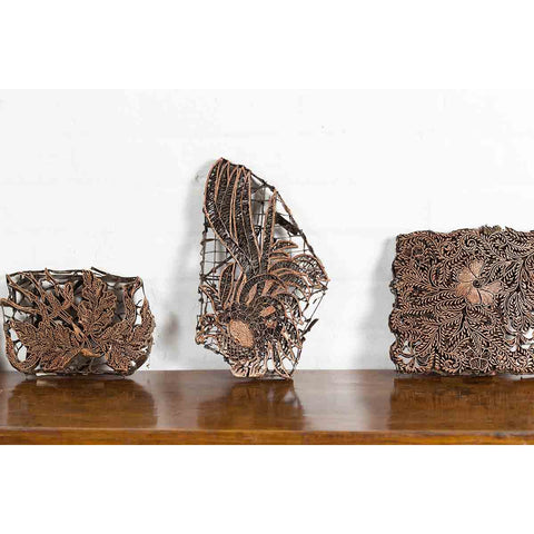 Set of Five Vintage Indonesian Copper Batik Textile Floral Printing Blocks-YN7407-5. Asian & Chinese Furniture, Art, Antiques, Vintage Home Décor for sale at FEA Home