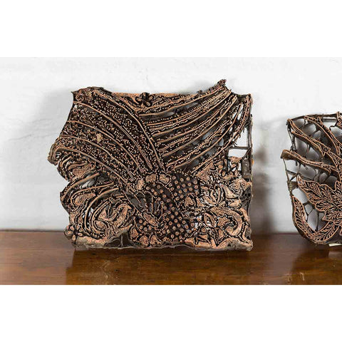 Set of Five Vintage Indonesian Copper Batik Textile Floral Printing Blocks-YN7407-7. Asian & Chinese Furniture, Art, Antiques, Vintage Home Décor for sale at FEA Home