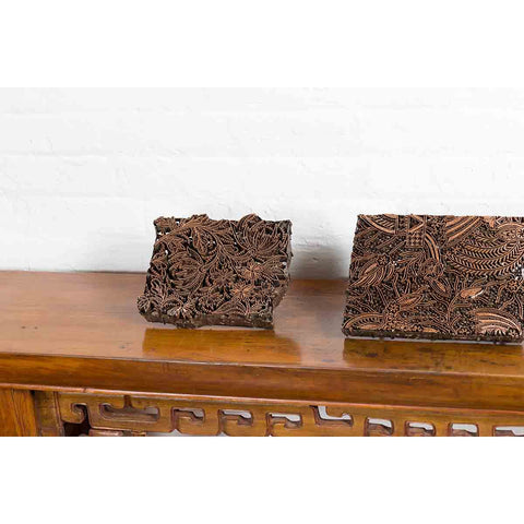 Five Vintage Indonesian Copper Batik Textile Floral Printing Blocks with Handles