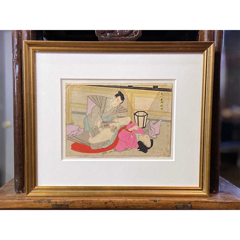 Antique Framed Japanese Shunga Woodblock Print of a Couple Making Love