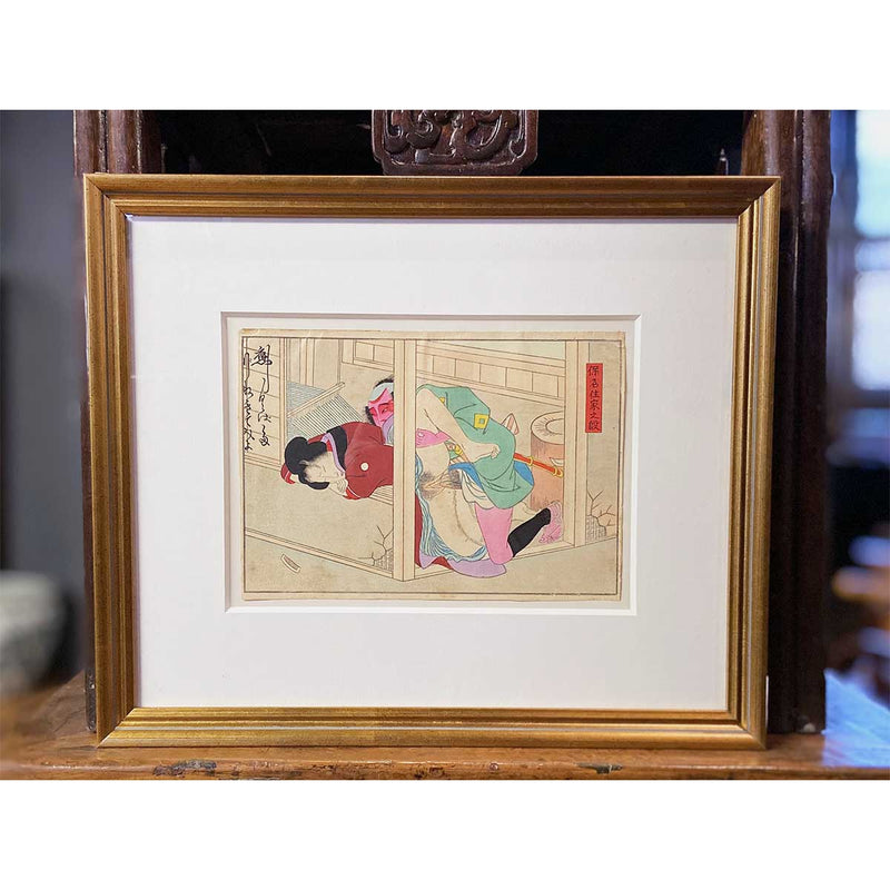Antique Framed Japanese Shunga Woodblock Print of a Man and a Woman Making Love