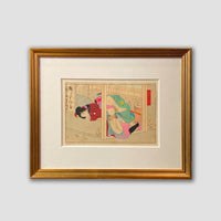 Antique Framed Japanese Shunga Woodblock Print of a Man and a Woman Making Love