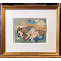 Antique Framed Japanese Shunga Woodblock Print of Two Women Making Love