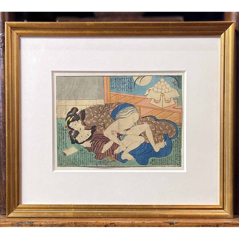 Antique Framed Japanese Shunga Woodblock Print of Two Women Making Love-YN7415-1. Asian & Chinese Furniture, Art, Antiques, Vintage Home Décor for sale at FEA Home