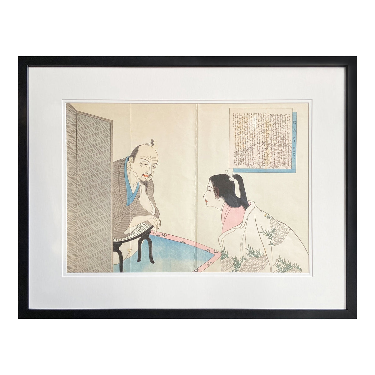 Antique Japanese Framed Woodblock Print Depicting a Man and Woman Discussing-1. Asian & Chinese Furniture, Art, Antiques, Vintage Home Décor for sale at FEA Home
