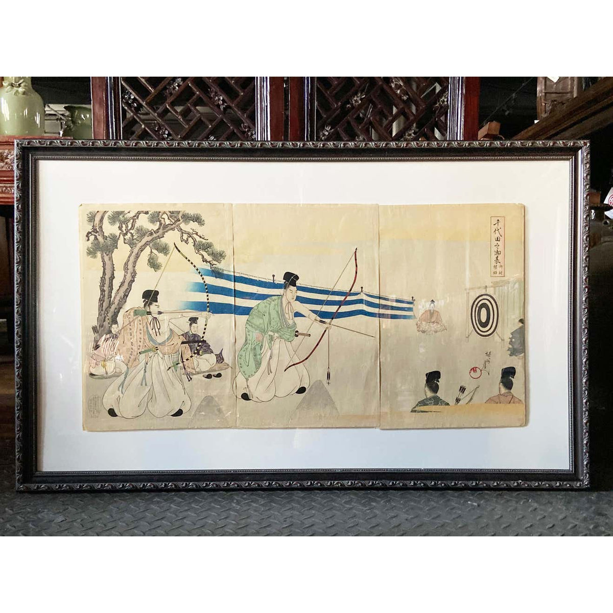 Japanese Meiji Chikanobu Toyohara Framed Woodblock Print with Archery Tournament-2. Asian & Chinese Furniture, Art, Antiques, Vintage Home Décor for sale at FEA Home