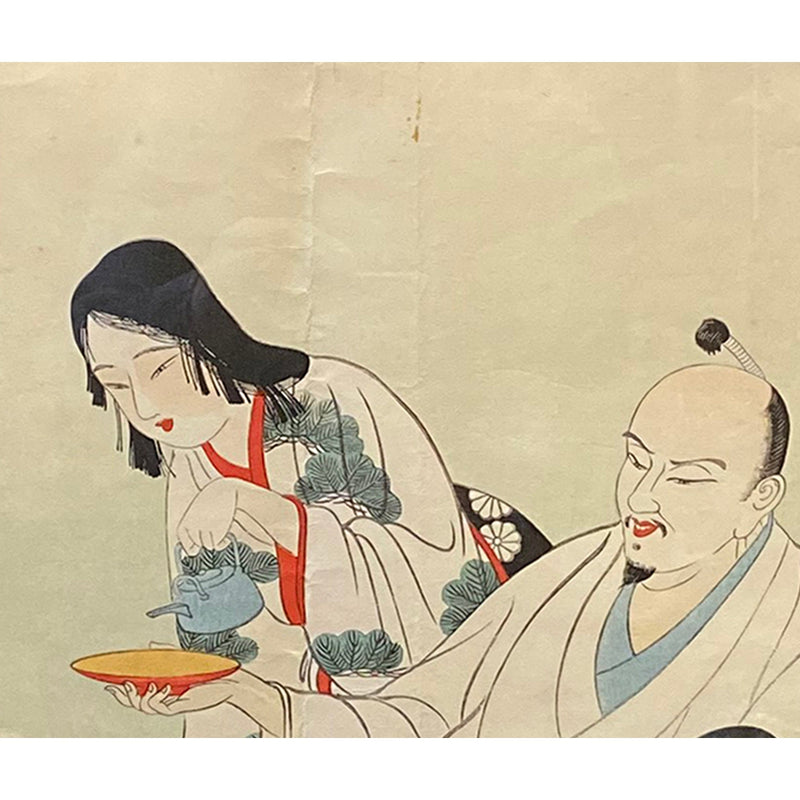 19th Century Japanese Woodblock Print Depicting Monks Having Tea, in Black Frame