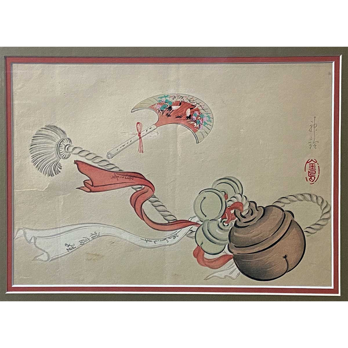 19th Century Japanese Woodblock Print Depicting a Ceremonial Tassel and Fan-3. Asian &amp; Chinese Furniture, Art, Antiques, Vintage Home Décor for sale at FEA Home