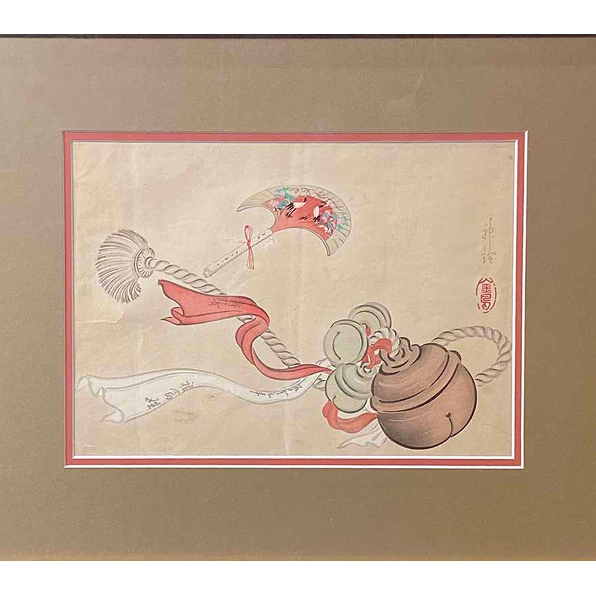 19th Century Japanese Woodblock Print Depicting a Ceremonial Tassel and Fan-1. Asian & Chinese Furniture, Art, Antiques, Vintage Home Décor for sale at FEA Home