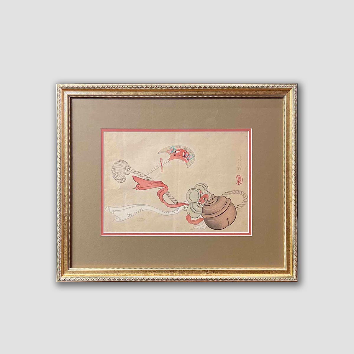 19th Century Japanese Woodblock Print Depicting a Ceremonial Tassel and Fan-2. Asian & Chinese Furniture, Art, Antiques, Vintage Home Décor for sale at FEA Home