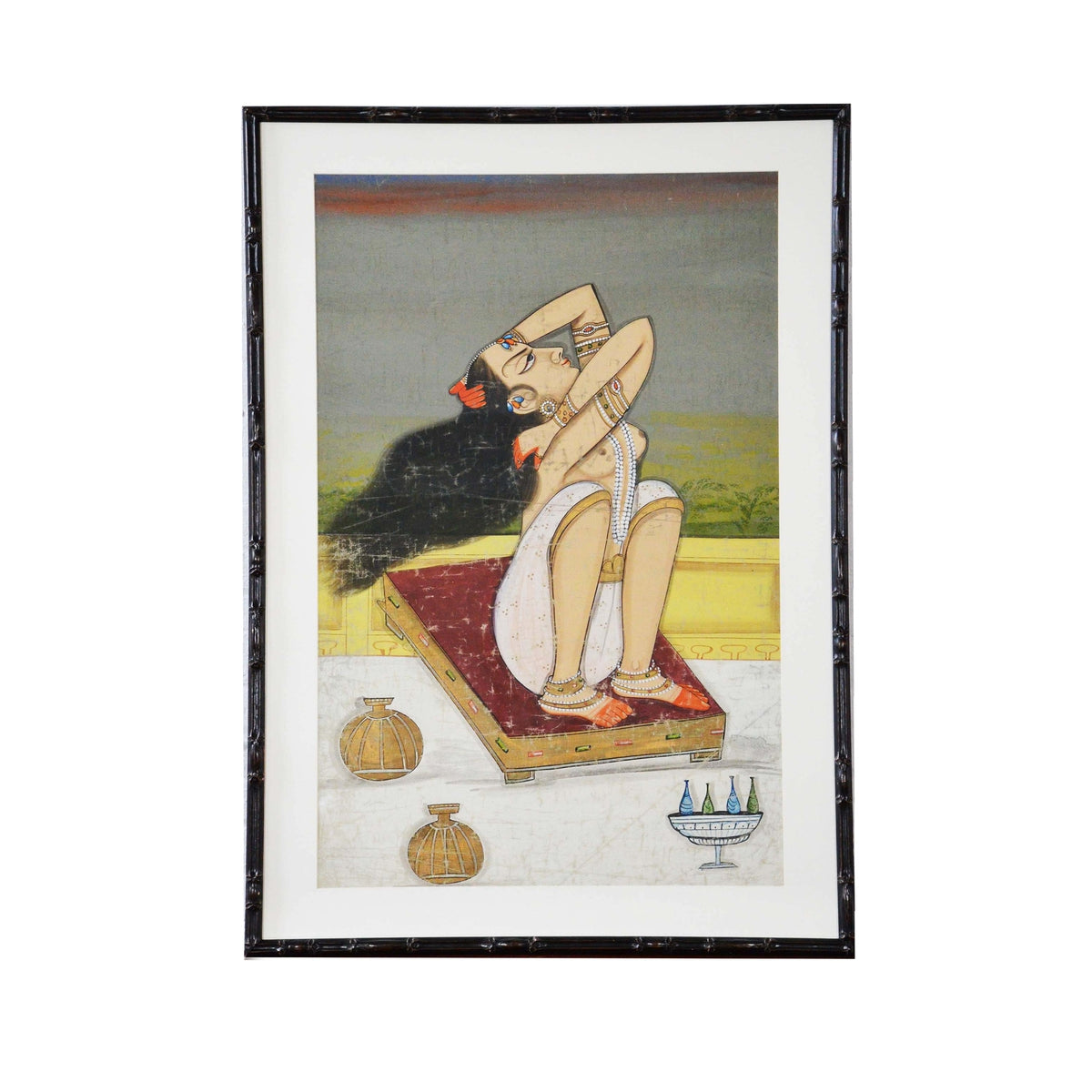 Large Vintage Indian Hand-Painted Woman Dancer Mounted on a Bamboo Style Frame-1. Asian & Chinese Furniture, Art, Antiques, Vintage Home Décor for sale at FEA Home