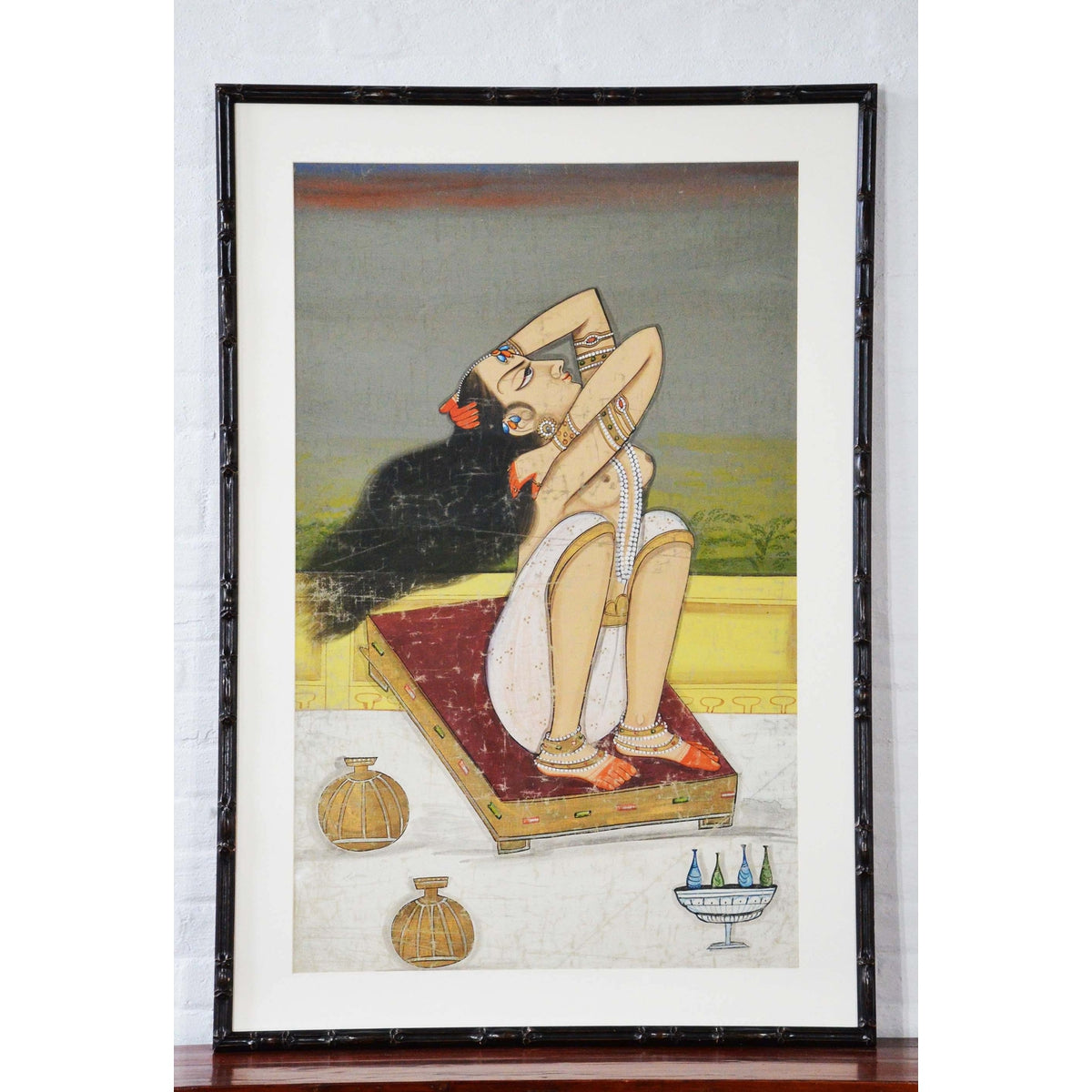 Large Vintage Indian Hand-Painted Woman Dancer Mounted on a Bamboo Style Frame-2. Asian & Chinese Furniture, Art, Antiques, Vintage Home Décor for sale at FEA Home