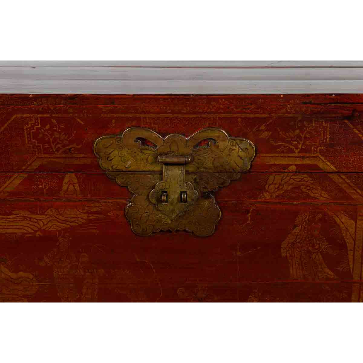 Chinese Red Lacquered Trunk with Butterfly Hardware and Court Scenes-YN7437-2. Asian & Chinese Furniture, Art, Antiques, Vintage Home Décor for sale at FEA Home