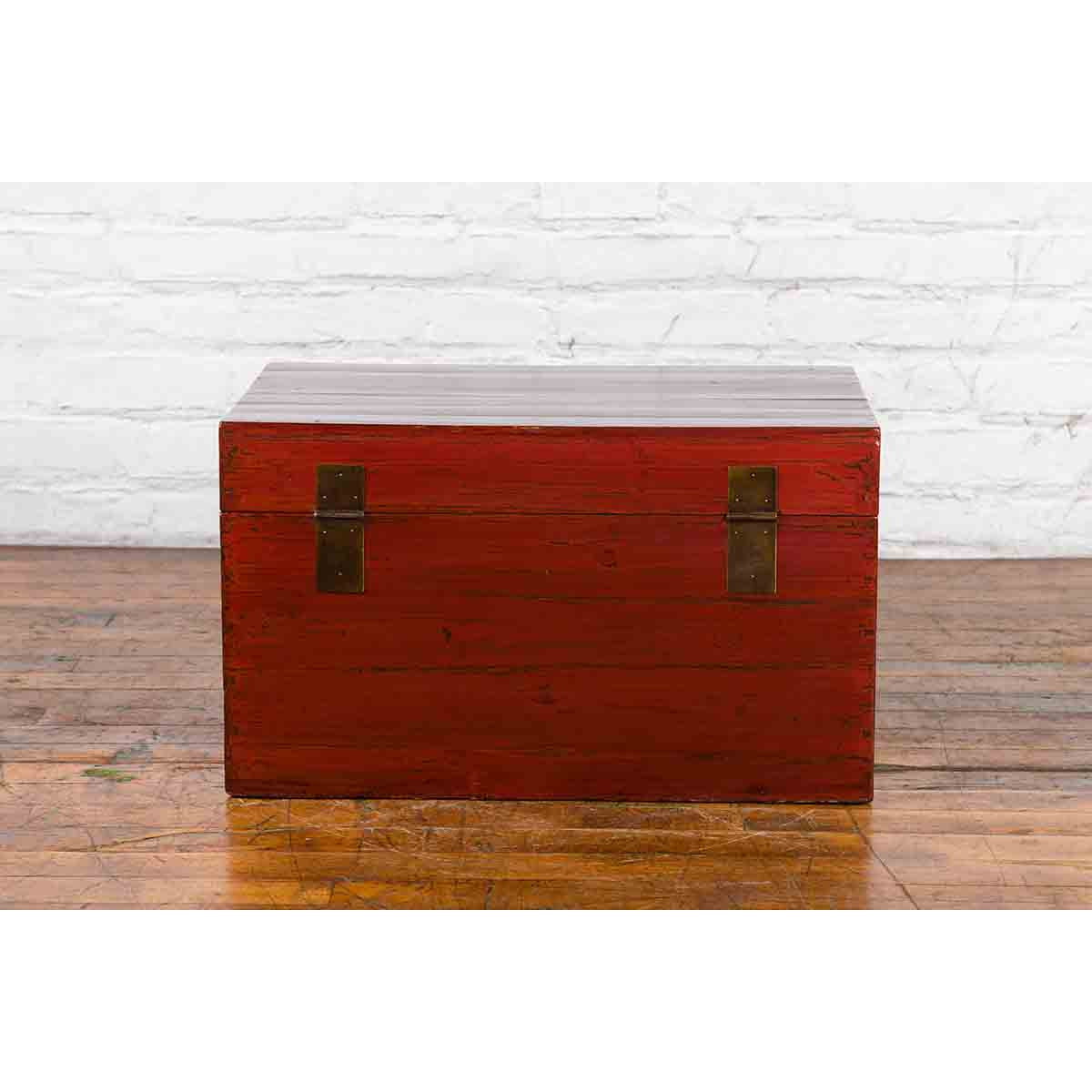 Chinese Red Lacquered Trunk with Butterfly Hardware and Court Scenes-YN7437-12. Asian & Chinese Furniture, Art, Antiques, Vintage Home Décor for sale at FEA Home