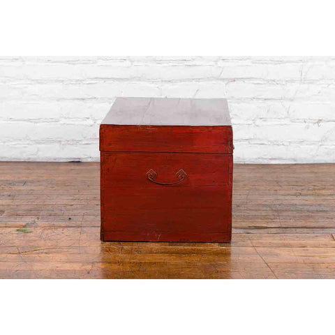 Chinese Red Lacquered Trunk with Butterfly Hardware and Court Scenes