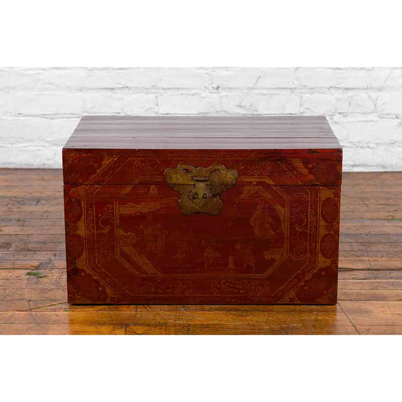 Chinese Red Lacquered Trunk with Butterfly Hardware and Court Scenes