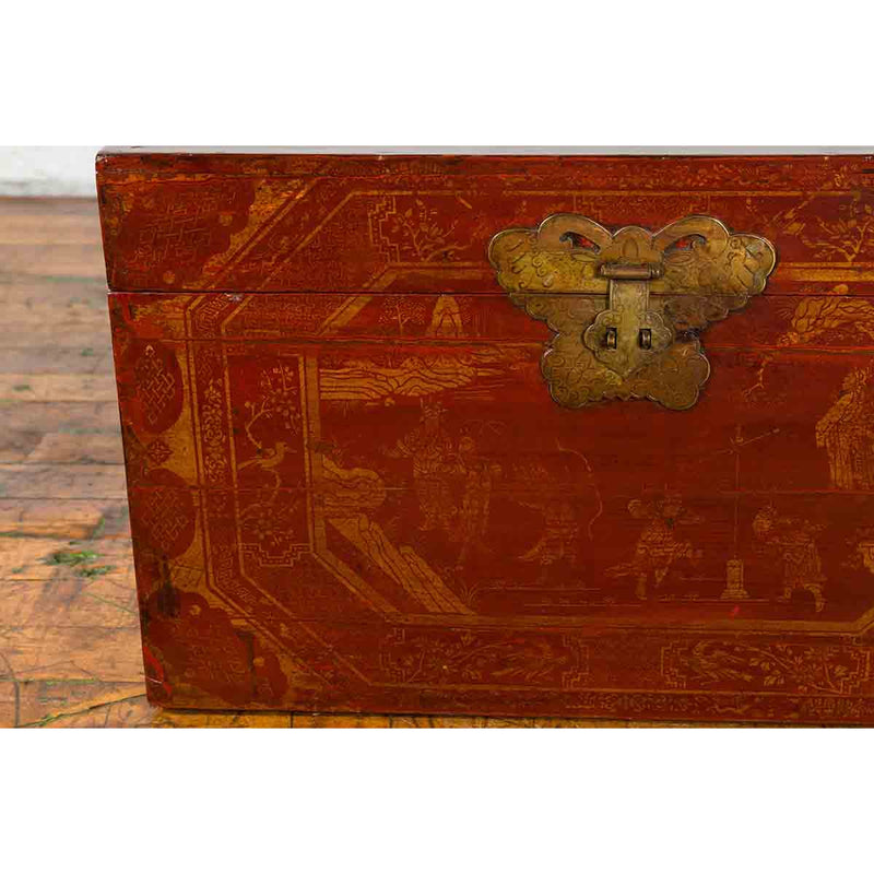 Chinese Red Lacquered Trunk with Butterfly Hardware and Court Scenes