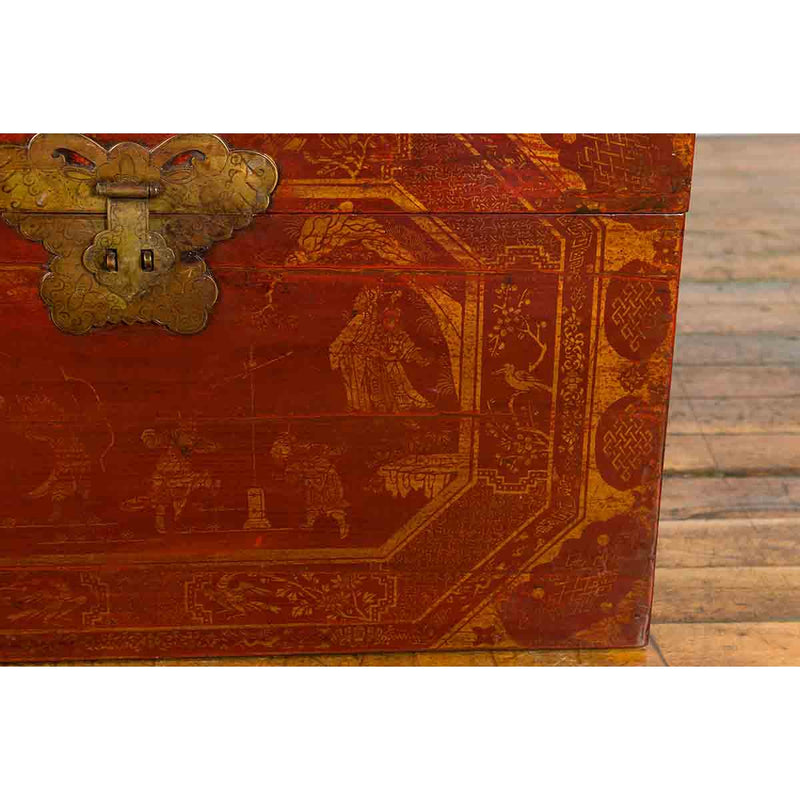 Chinese Red Lacquered Trunk with Butterfly Hardware and Court Scenes