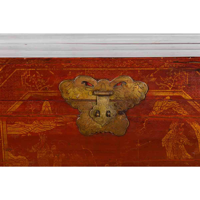 Chinese Red Lacquered Trunk with Butterfly Hardware and Court Scenes