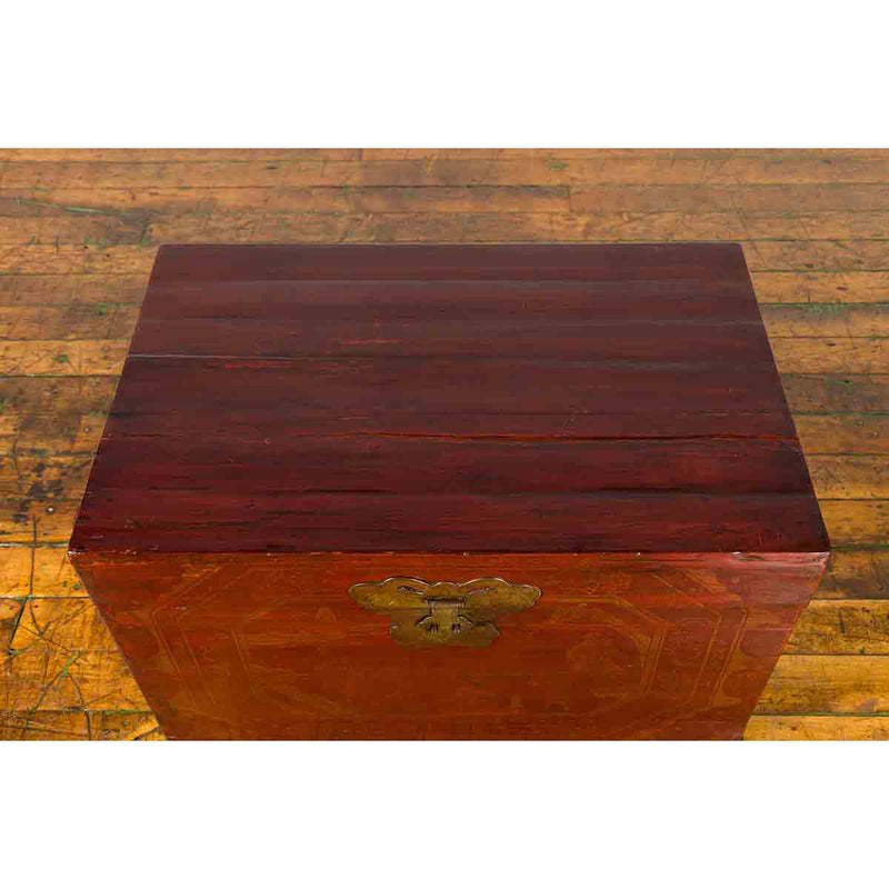 Chinese Red Lacquered Trunk with Butterfly Hardware and Court Scenes