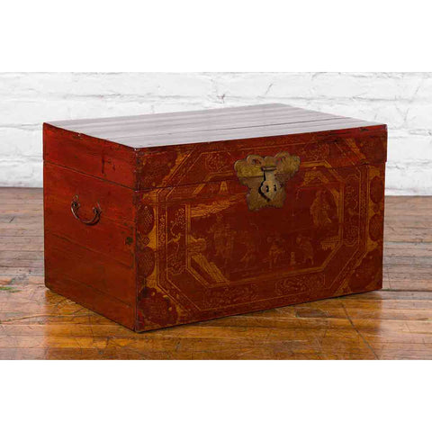 Chinese Red Lacquered Trunk with Butterfly Hardware and Court Scenes