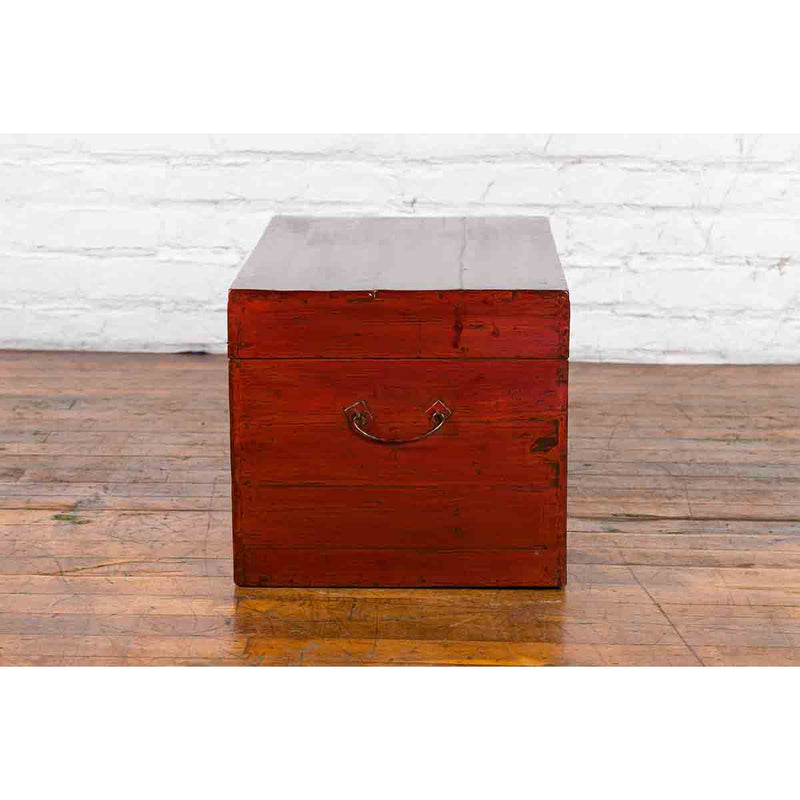 Chinese Red Lacquered Trunk with Butterfly Hardware and Court Scenes