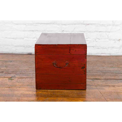 Chinese Red Lacquered Trunk with Butterfly Hardware and Court Scenes
