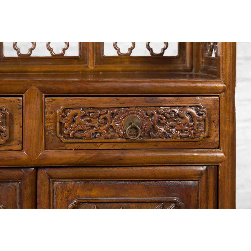 Chinese Early 20th Century Bookcase with Open Shelves, Drawer and Carved Doors-YN7440-13. Asian & Chinese Furniture, Art, Antiques, Vintage Home Décor for sale at FEA Home