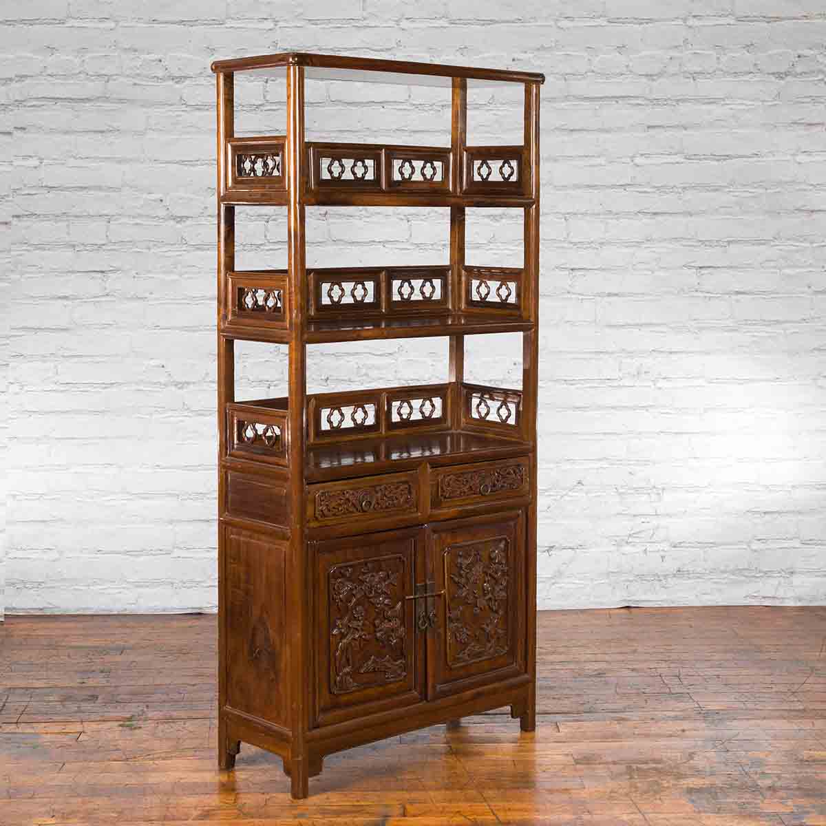 Chinese Early 20th Century Bookcase with Open Shelves, Drawer and Carved Doors-2. Asian & Chinese Furniture, Art, Antiques, Vintage Home Décor for sale at FEA Home