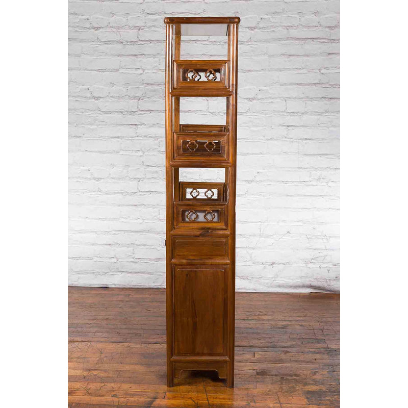 Chinese Early 20th Century Bookcase with Open Shelves, Drawer and Carved Doors